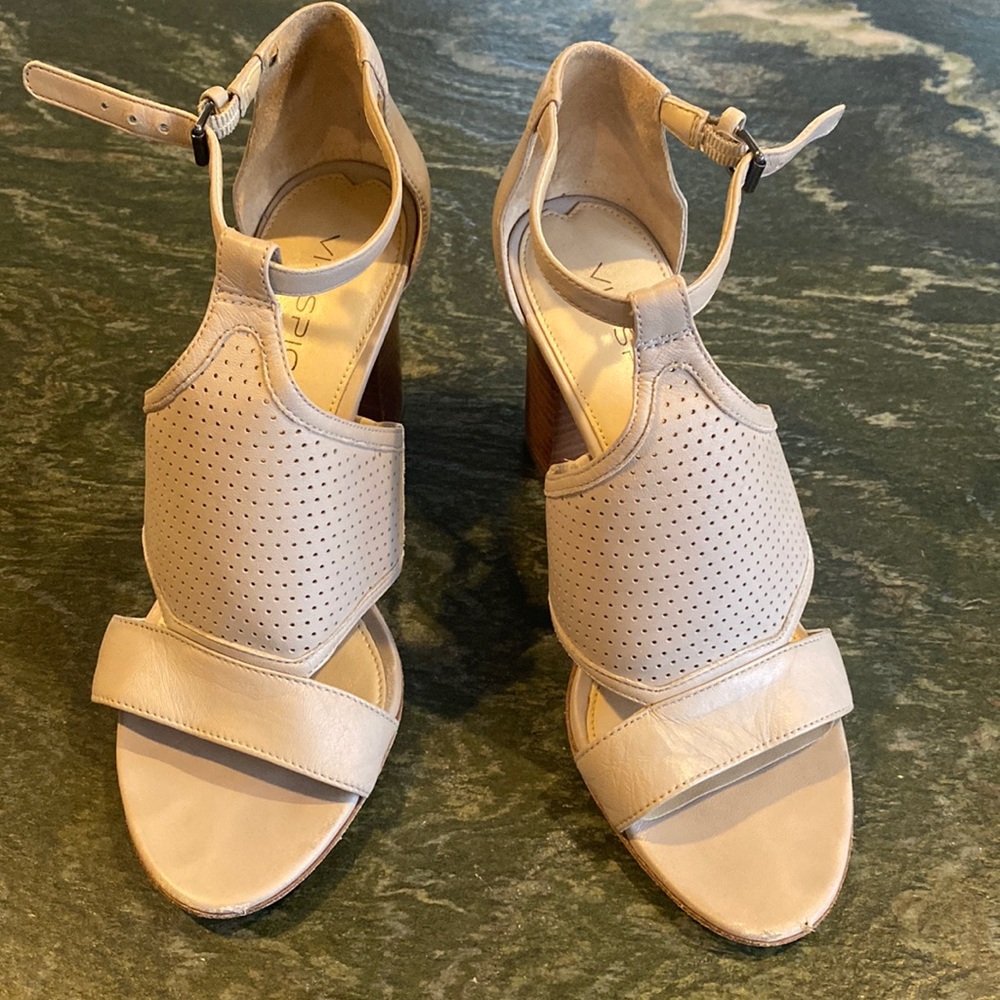 Via Spiga Taupe/Grey Ankle Strap Leather High Heel Sandals Size 7.5